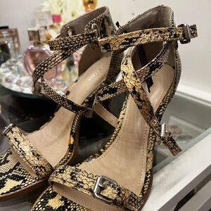 Express Snake-Print Strappy Heels in Beige and Black